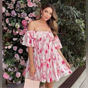 MISA Los Angeles Dina Off the‎ Shoulder Babydoll Mini Dress Size S Pink Floral